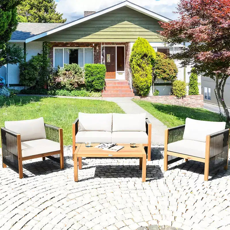 Costway 8PCS Wooden Patio Furniture Set Cushioned Sofa W/Rope Armrest White\Turquoise\Red