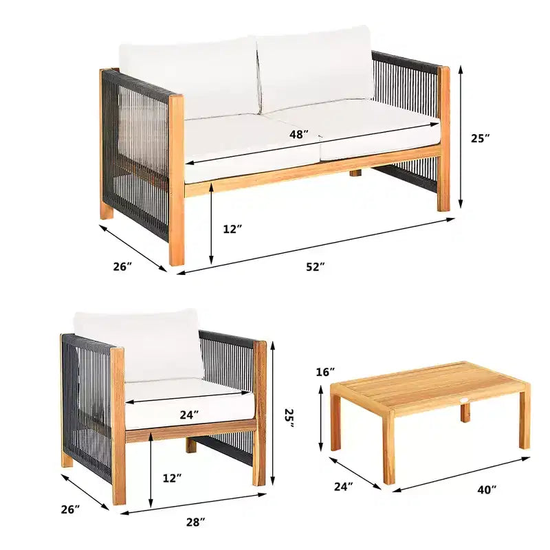 Costway 8PCS Wooden Patio Furniture Set Cushioned Sofa W/Rope Armrest White\Turquoise\Red