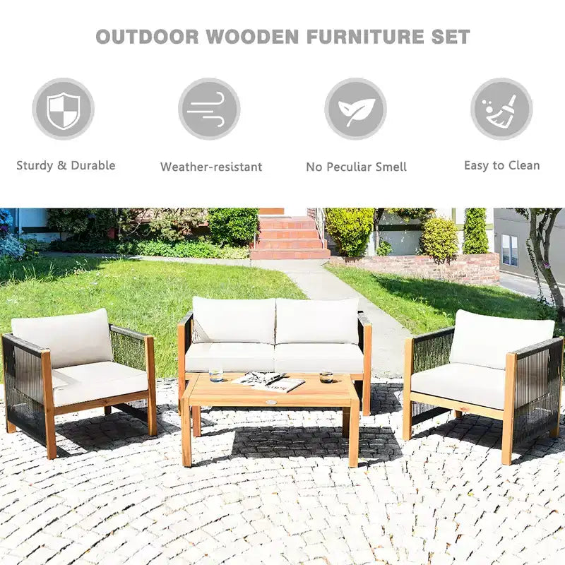 Costway 8PCS Wooden Patio Furniture Set Cushioned Sofa W/Rope Armrest White\Turquoise\Red