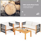 Costway 8PCS Wooden Patio Furniture Set Cushioned Sofa W/Rope Armrest White\Turquoise\Red