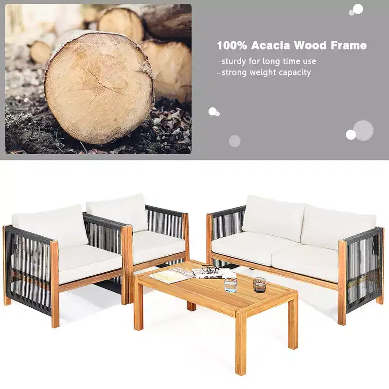 Costway 8PCS Wooden Patio Furniture Set Cushioned Sofa W/Rope Armrest White\Turquoise\Red