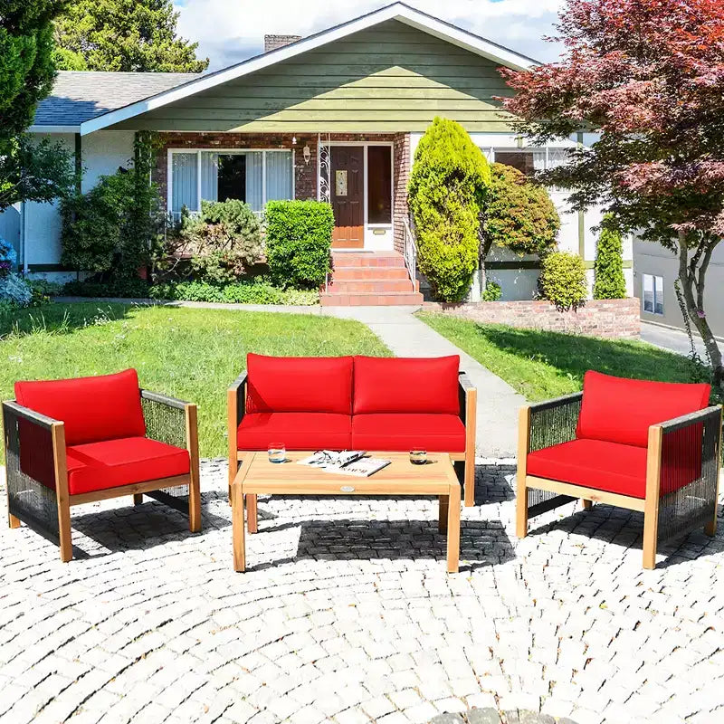 Costway 8PCS Wooden Patio Furniture Set Cushioned Sofa W/Rope Armrest White\Turquoise\Red