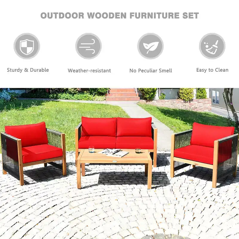 Costway 8PCS Wooden Patio Furniture Set Cushioned Sofa W/Rope Armrest White\Turquoise\Red
