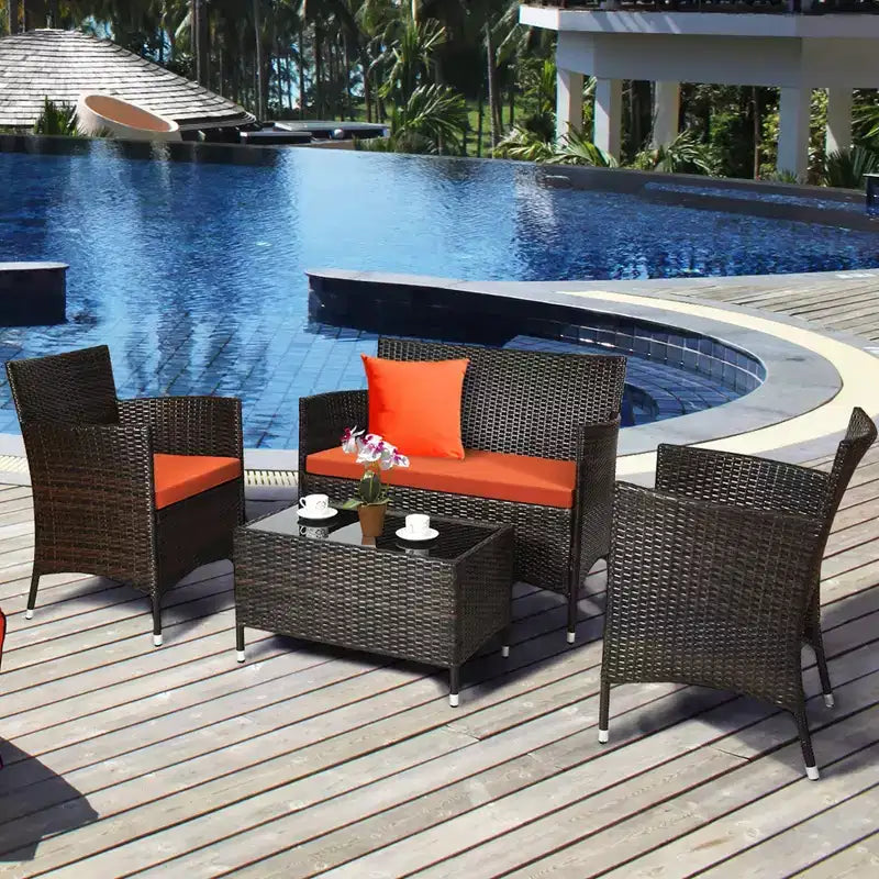 Costway 8PCS Rattan Patio Furniture Set Cushioned Sofa Chair Coffee Table Red\Brown\Turquoise