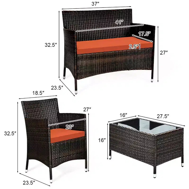 Costway 8PCS Rattan Patio Furniture Set Cushioned Sofa Chair Coffee Table Red\Brown\Turquoise