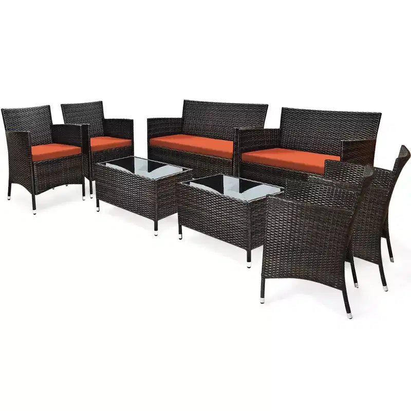 Costway 8PCS Rattan Patio Furniture Set Cushioned Sofa Chair Coffee Table Red\Brown\Turquoise