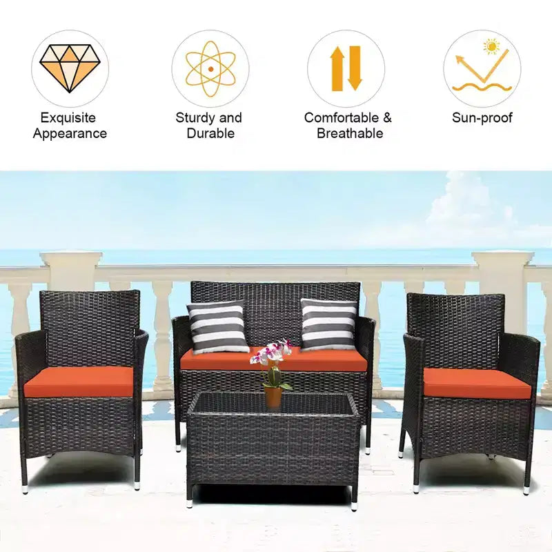 Costway 8PCS Rattan Patio Furniture Set Cushioned Sofa Chair Coffee Table Red\Brown\Turquoise