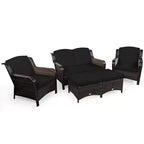 Costway 5PCS Patio Rattan Furniture Set Loveseat Sofa Ottoman W/Red\White Cushion