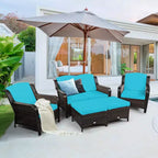 Costway 5PCS Patio Rattan Furniture Set Loveseat Sofa Ottoman W/Red\White Cushion