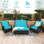 Costway 5PCS Patio Rattan Furniture Set Loveseat Sofa Ottoman W/Red\White Cushion