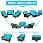 Costway 5PCS Patio Rattan Furniture Set Loveseat Sofa Ottoman W/Red\White Cushion