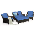 Costway 5PCS Patio Rattan Furniture Set Loveseat Sofa Ottoman W/Red\White Cushion