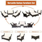 Costway 5PCS Patio Rattan Furniture Set Loveseat Sofa Ottoman W/Red\White Cushion