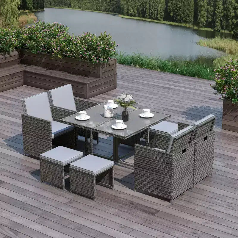 Outsunny 9 Piece Patio Wicker Dining Sets, Space Saving Outdoor Sectional Conversation Set, with Dining Table, Ottoman