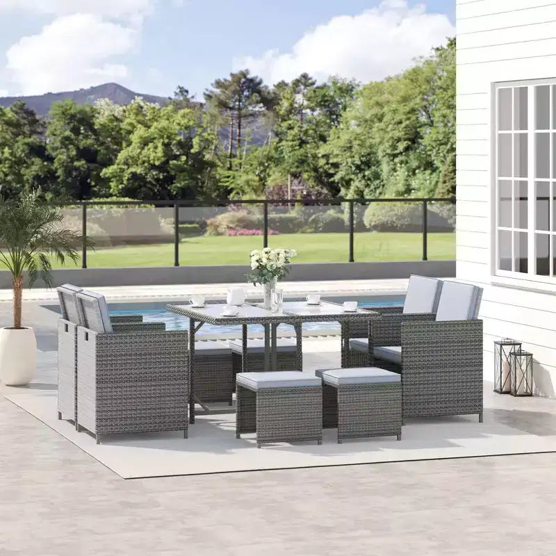 Outsunny 9 Piece Patio Wicker Dining Sets, Space Saving Outdoor Sectional Conversation Set, with Dining Table, Ottoman