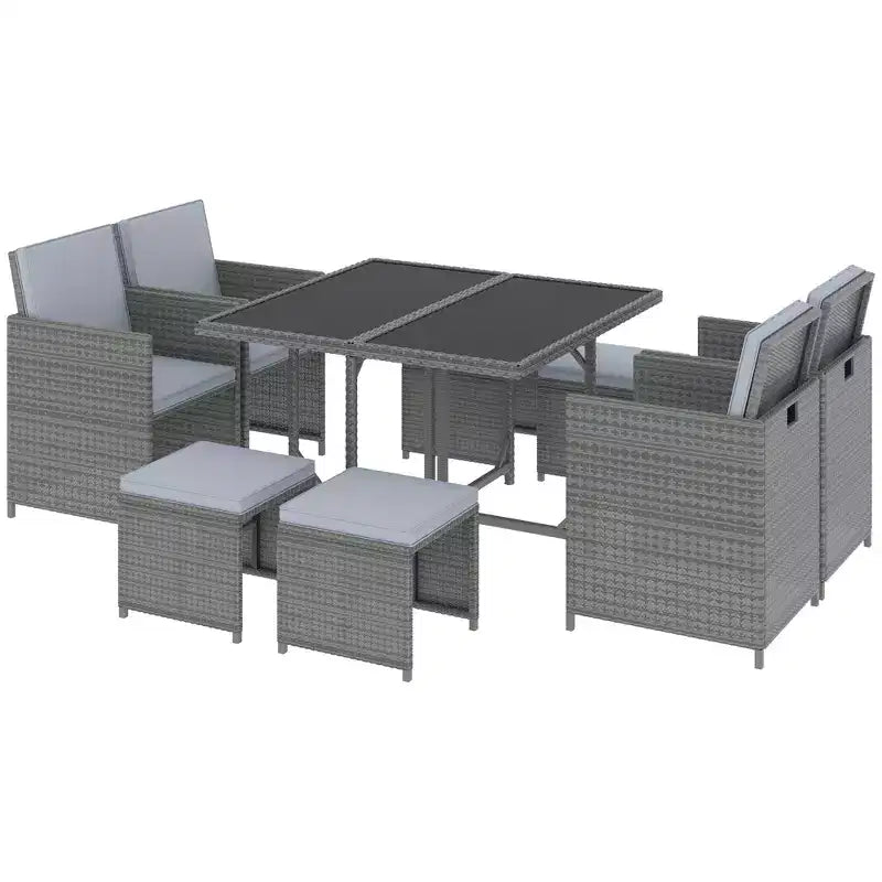 Outsunny 9 Piece Patio Wicker Dining Sets, Space Saving Outdoor Sectional Conversation Set, with Dining Table, Ottoman