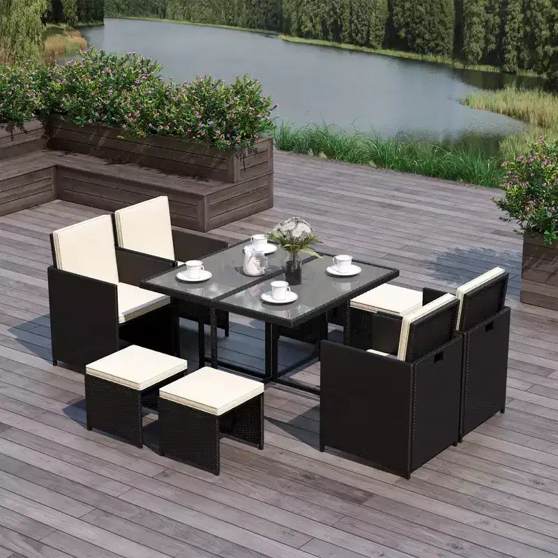 Outsunny 9 Piece Patio Wicker Dining Sets, Space Saving Outdoor Sectional Conversation Set, with Dining Table, Ottoman