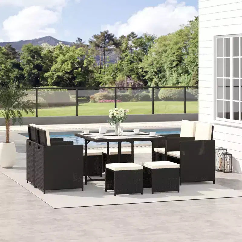 Outsunny 9 Piece Patio Wicker Dining Sets, Space Saving Outdoor Sectional Conversation Set, with Dining Table, Ottoman