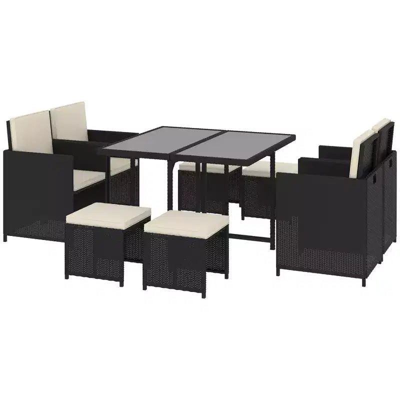 Outsunny 9 Piece Patio Wicker Dining Sets, Space Saving Outdoor Sectional Conversation Set, with Dining Table, Ottoman