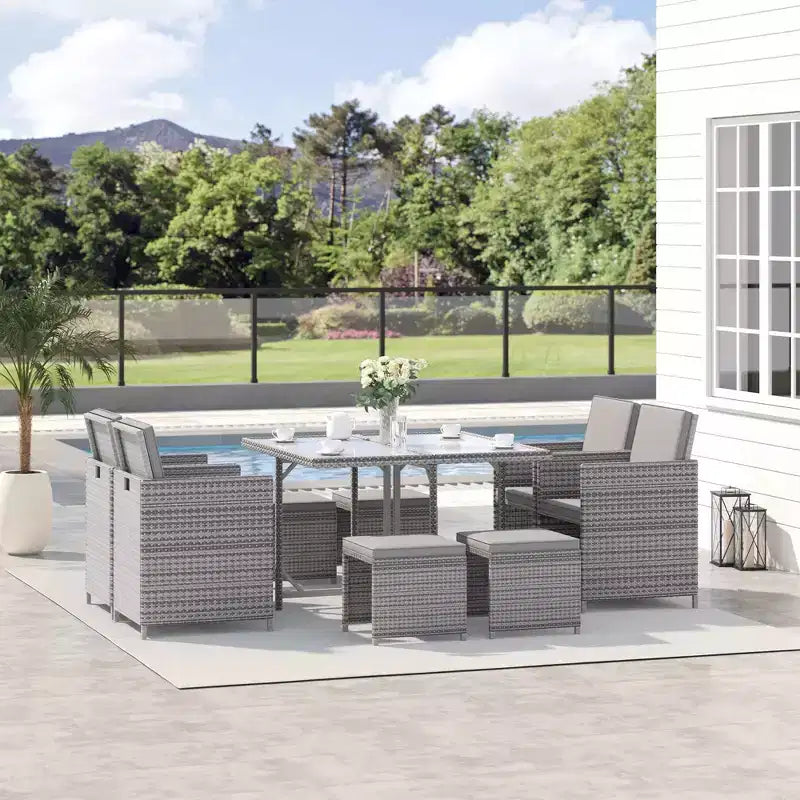 Outsunny 9 Piece Patio Wicker Dining Sets, Space Saving Outdoor Sectional Conversation Set, with Dining Table, Ottoman