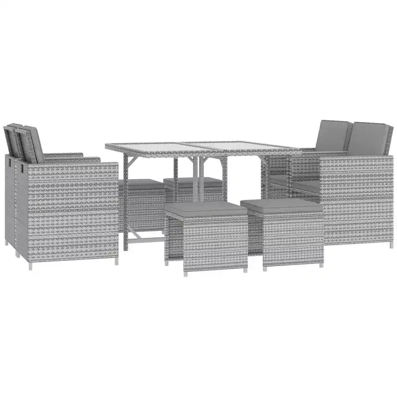 Outsunny 9 Piece Patio Wicker Dining Sets, Space Saving Outdoor Sectional Conversation Set, with Dining Table, Ottoman