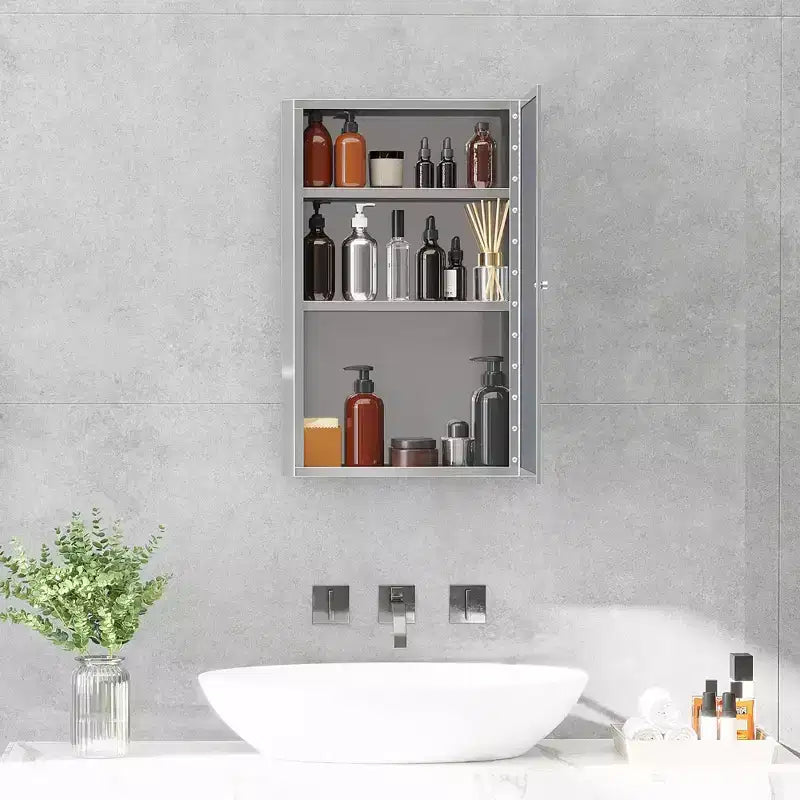HOMCOM Armoire de toilette avec miroir, armoire à pharmacie verticale 16 x 24 avec cadre en acier inoxydable, organisateur de rangement mural avec porte unique