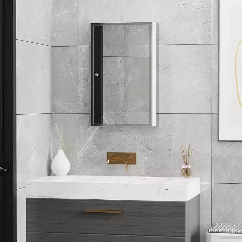 HOMCOM Armoire de toilette avec miroir, armoire à pharmacie verticale 16 x 24 avec cadre en acier inoxydable, organisateur de rangement mural avec porte unique
