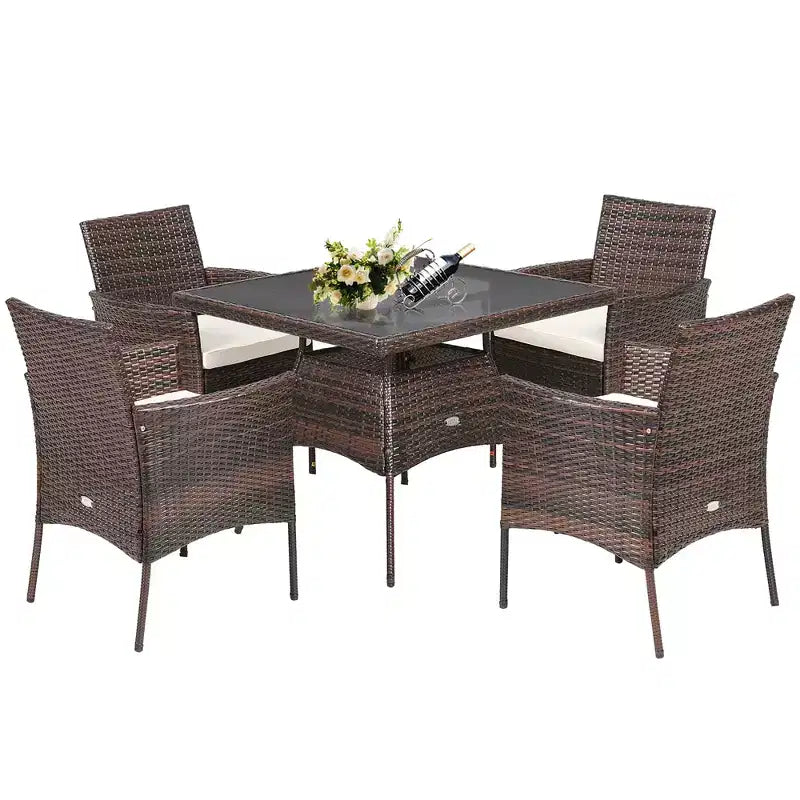 Costway 5PCS Patio Rattan Dining Furniture Set Armrest Sofa Chair Glass Table