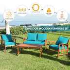 Costway Ensemble de mobilier de patio en bois 4 pièces Table Canapé Chaise Rembourré Jardin Turquoise