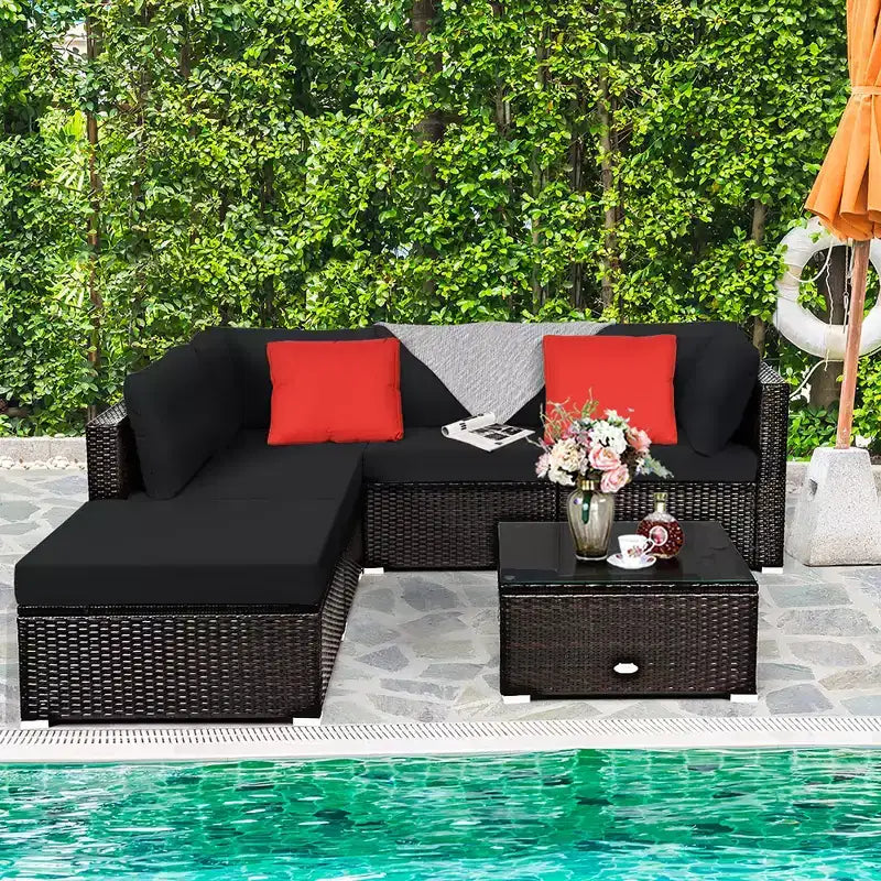 Costway Ensemble de Meubles de Jardin 6 Pièces en Rotin Canapé Modulable avec Coussins Bleu Marine/Noir/Turquoise/Beige