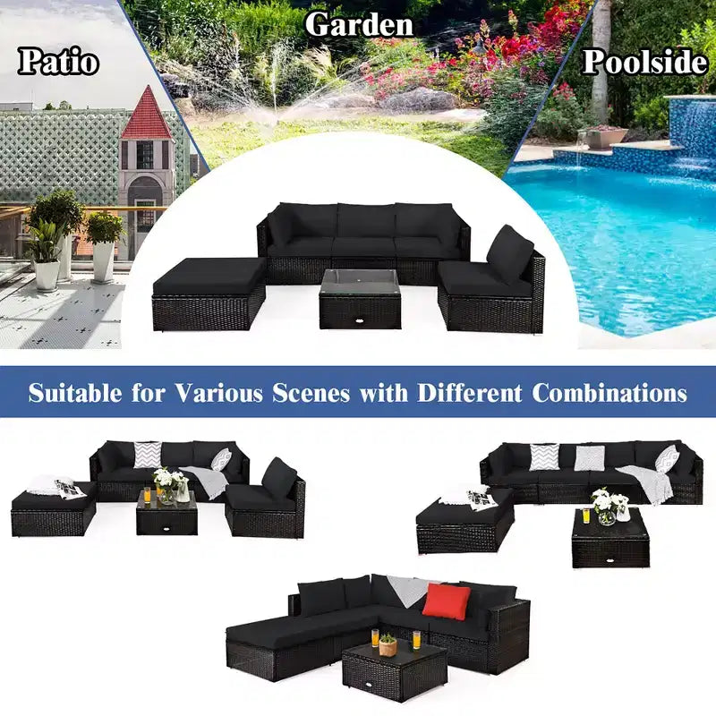 Costway Ensemble de Meubles de Jardin 6 Pièces en Rotin Canapé Modulable avec Coussins Bleu Marine/Noir/Turquoise/Beige