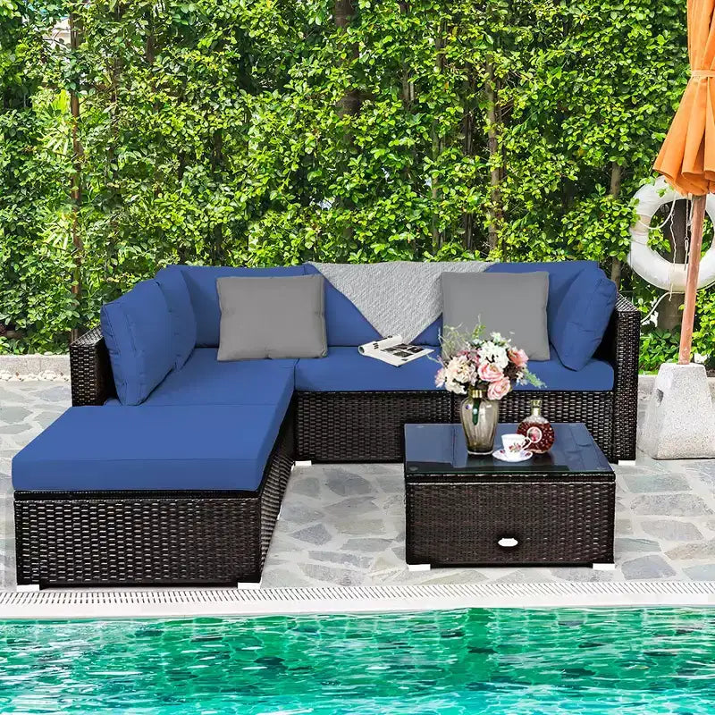 Costway Ensemble de Meubles de Jardin 6 Pièces en Rotin Canapé Modulable avec Coussins Bleu Marine/Noir/Turquoise/Beige