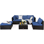 Costway Ensemble de Meubles de Jardin 6 Pièces en Rotin Canapé Modulable avec Coussins Bleu Marine/Noir/Turquoise/Beige