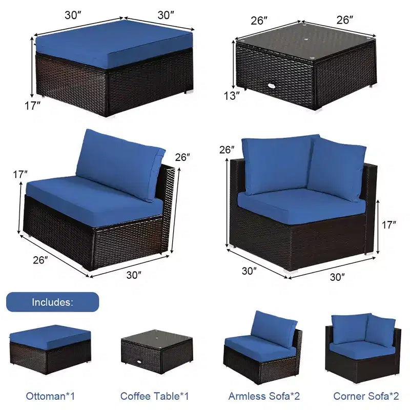 Costway Ensemble de Meubles de Jardin 6 Pièces en Rotin Canapé Modulable avec Coussins Bleu Marine/Noir/Turquoise/Beige
