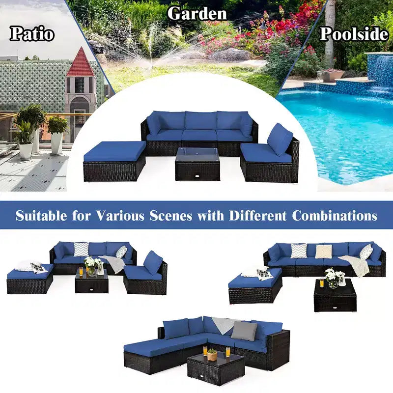 Costway Ensemble de Meubles de Jardin 6 Pièces en Rotin Canapé Modulable avec Coussins Bleu Marine/Noir/Turquoise/Beige