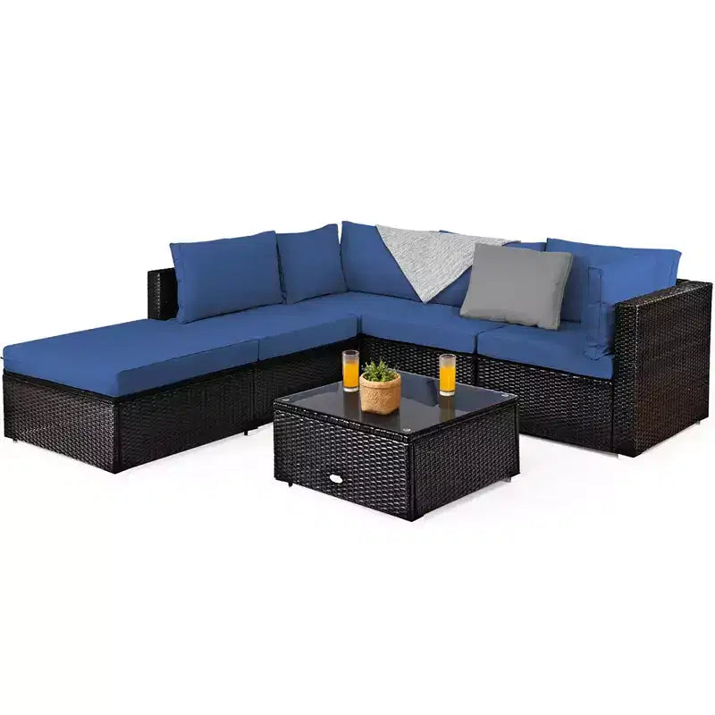Costway Ensemble de Meubles de Jardin 6 Pièces en Rotin Canapé Modulable avec Coussins Bleu Marine/Noir/Turquoise/Beige