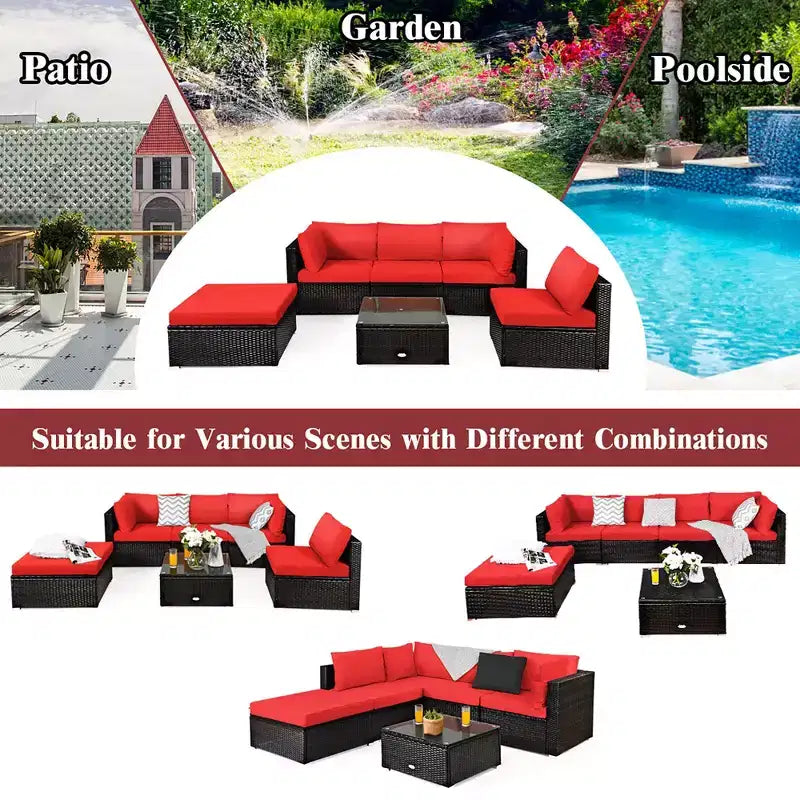 Costway Ensemble de Meubles de Jardin 6 Pièces en Rotin Canapé Modulable avec Coussins Bleu Marine/Noir/Turquoise/Beige