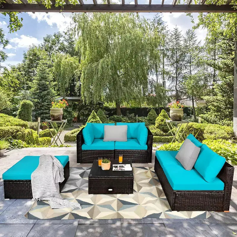 Costway Ensemble de Meubles de Jardin 6 Pièces en Rotin Canapé Modulable avec Coussins Bleu Marine/Noir/Turquoise/Beige