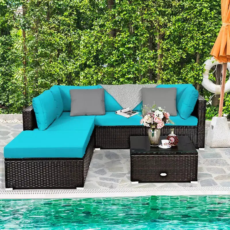 Costway Ensemble de Meubles de Jardin 6 Pièces en Rotin Canapé Modulable avec Coussins Bleu Marine/Noir/Turquoise/Beige
