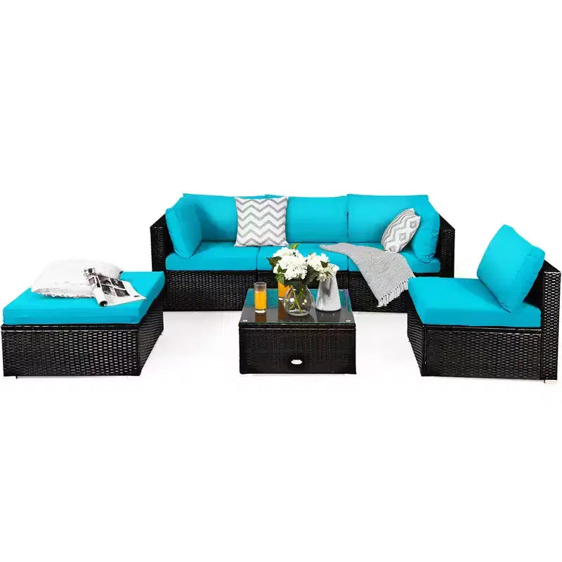 Costway Ensemble de Meubles de Jardin 6 Pièces en Rotin Canapé Modulable avec Coussins Bleu Marine/Noir/Turquoise/Beige