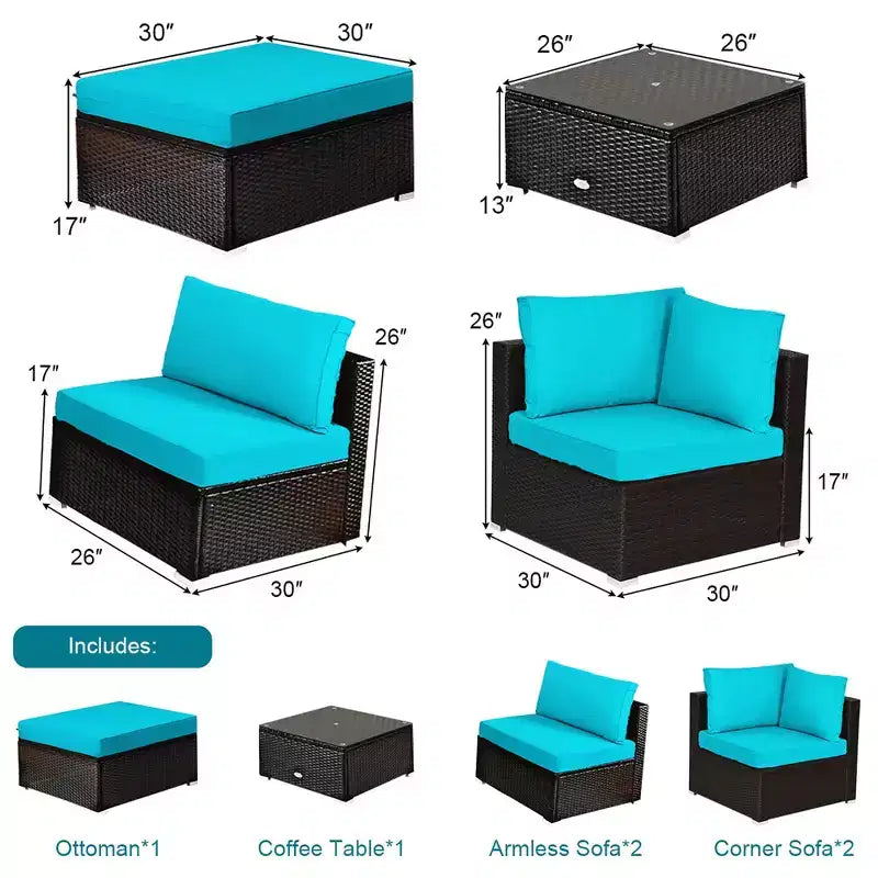 Costway Ensemble de Meubles de Jardin 6 Pièces en Rotin Canapé Modulable avec Coussins Bleu Marine/Noir/Turquoise/Beige