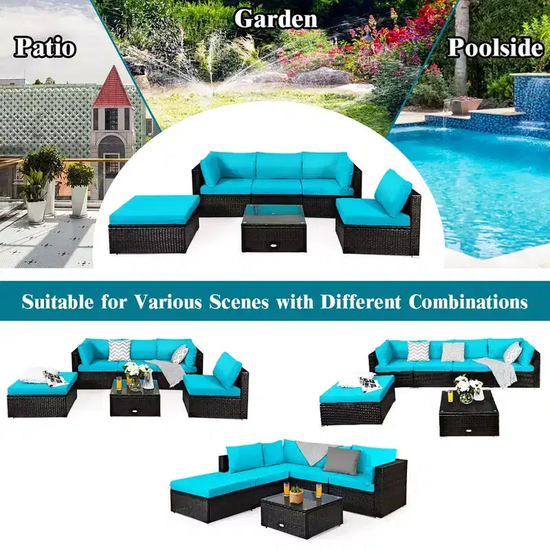 Costway Ensemble de Meubles de Jardin 6 Pièces en Rotin Canapé Modulable avec Coussins Bleu Marine/Noir/Turquoise/Beige