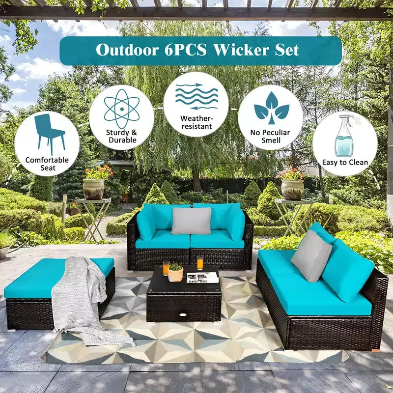Costway Ensemble de Meubles de Jardin 6 Pièces en Rotin Canapé Modulable avec Coussins Bleu Marine/Noir/Turquoise/Beige