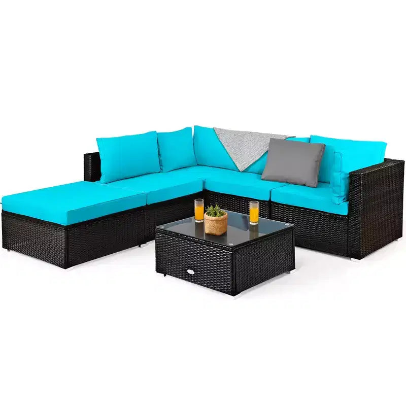 Costway Ensemble de Meubles de Jardin 6 Pièces en Rotin Canapé Modulable avec Coussins Bleu Marine/Noir/Turquoise/Beige