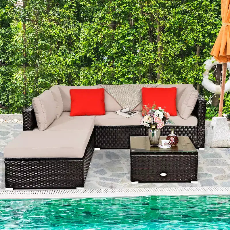Costway Ensemble de Meubles de Jardin 6 Pièces en Rotin Canapé Modulable avec Coussins Bleu Marine/Noir/Turquoise/Beige