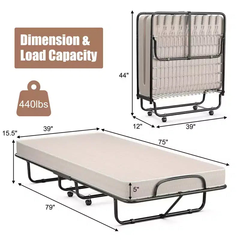 Costway Folding Bed with Memory Foam Mattress Portable Rollaway Guest Cot Memory Foam Beige Made in Italy