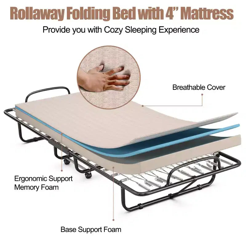Costway Folding Bed with Memory Foam Mattress Portable Rollaway Guest Cot Memory Foam Beige Made in Italy
