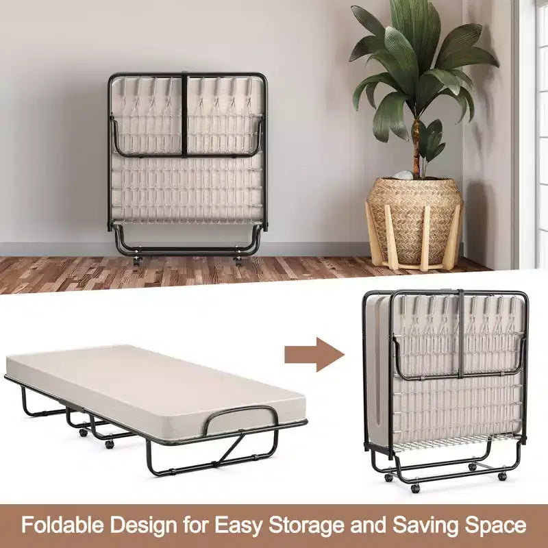 Costway Folding Bed with Memory Foam Mattress Portable Rollaway Guest Cot Memory Foam Beige Made in Italy