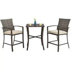 Costway 3PCS Patio Rattan Bar Furniture Set Slat Table 2 Cushioned Stools Poolside Brown