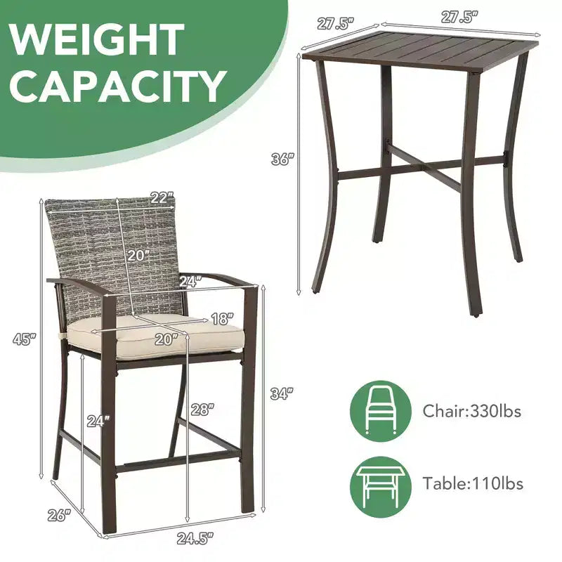 Costway 3PCS Patio Rattan Bar Furniture Set Slat Table 2 Cushioned Stools Poolside Brown